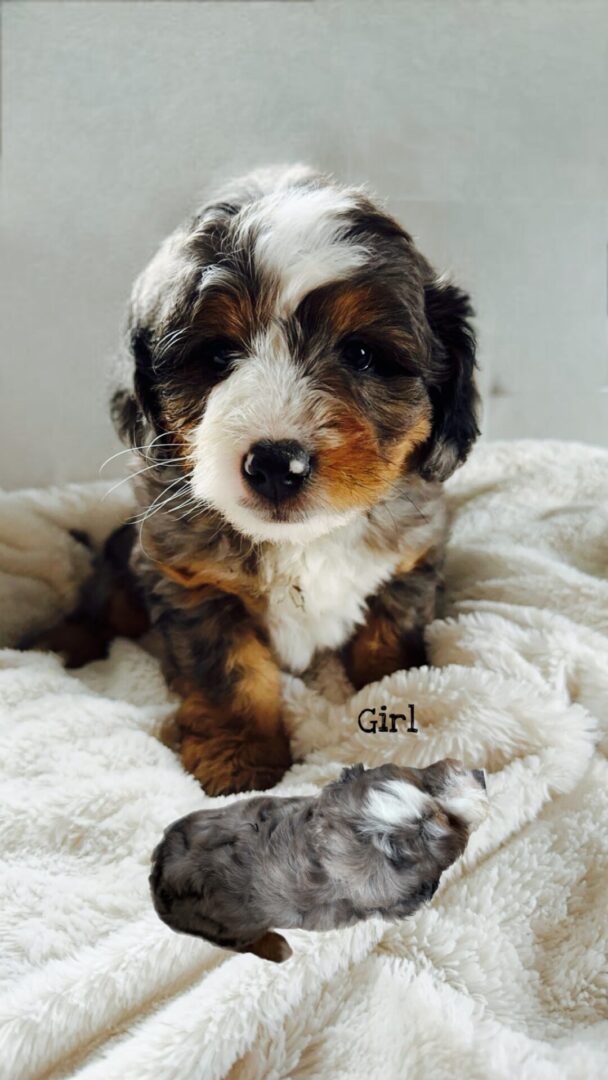 A close-up of a tiny, fluffy tricolor Bernedoodle puppy with classic black, white, and tan markings, resting peacefully on a plush white blanket.