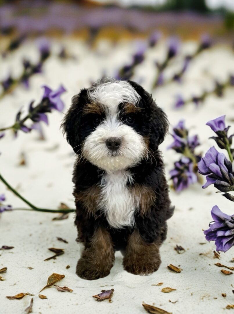 A fluffy tricolor male Mini Bernedoodle puppy with distinct black, white, and tan markings, sitting upright in a field of blooming purple lavender flowers.